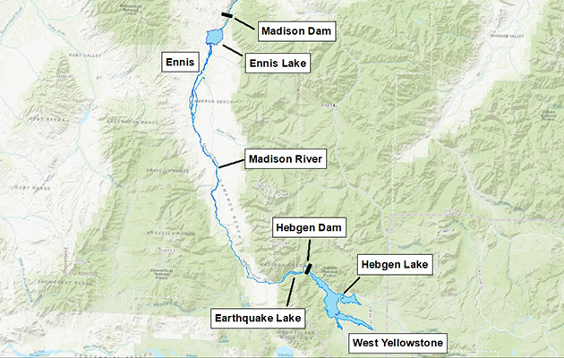 Map of Hebgen and Ennis Lakes and the Madison River